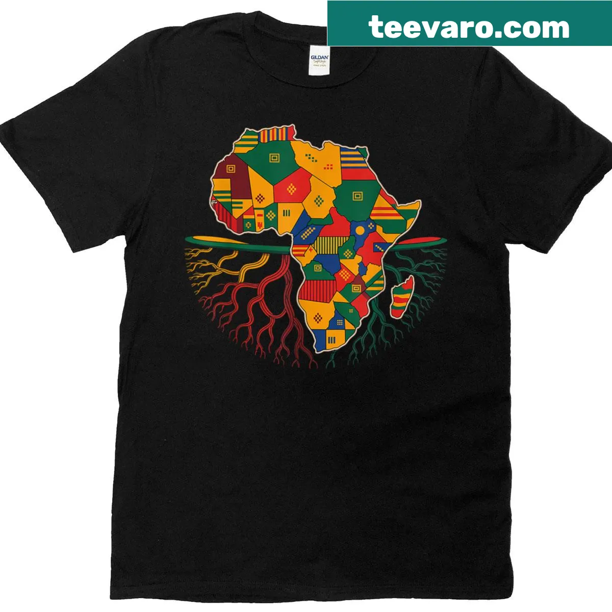 T-shirt with silhouette of Africa in Kente cloth patterns — on a men's t-shirt