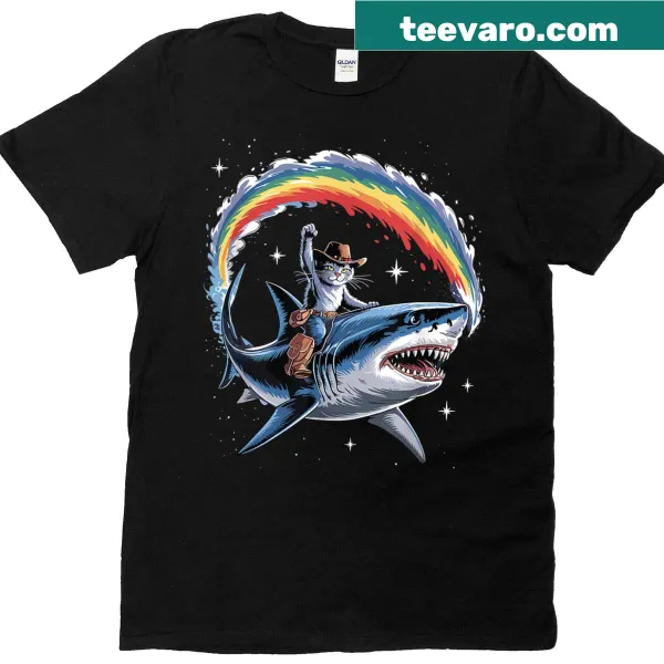 Cartoon of a cowboy cat riding a shark on a t-shirt.