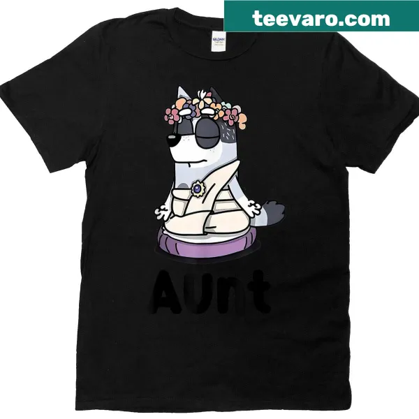 Cute illustration of Aunt Trixie with a Heeler dog on a t-shirt.