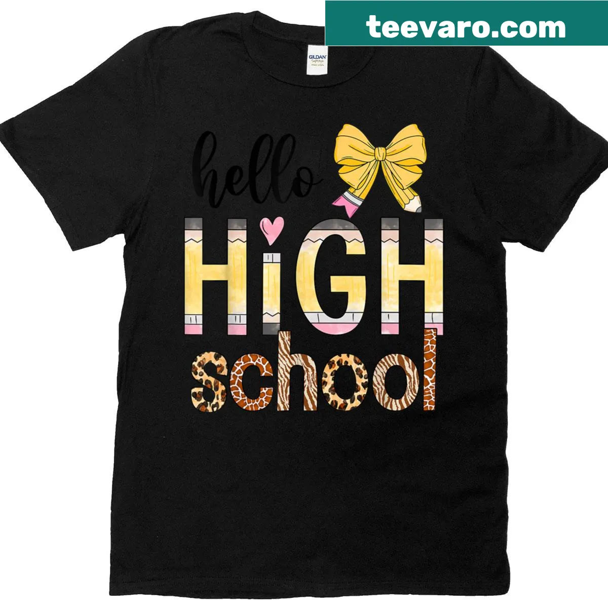 Cute animal print t-shirt for teachers with 'Hello High School' text — on a men's t-shirt