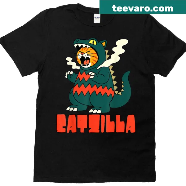 Cute T-shirt featuring a cartoon monster cat parody of Godzilla