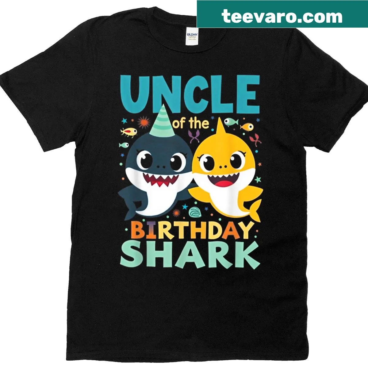 Cute Uncle Shark graphic t-shirt for birthday celebrations — on a men's t-shirt