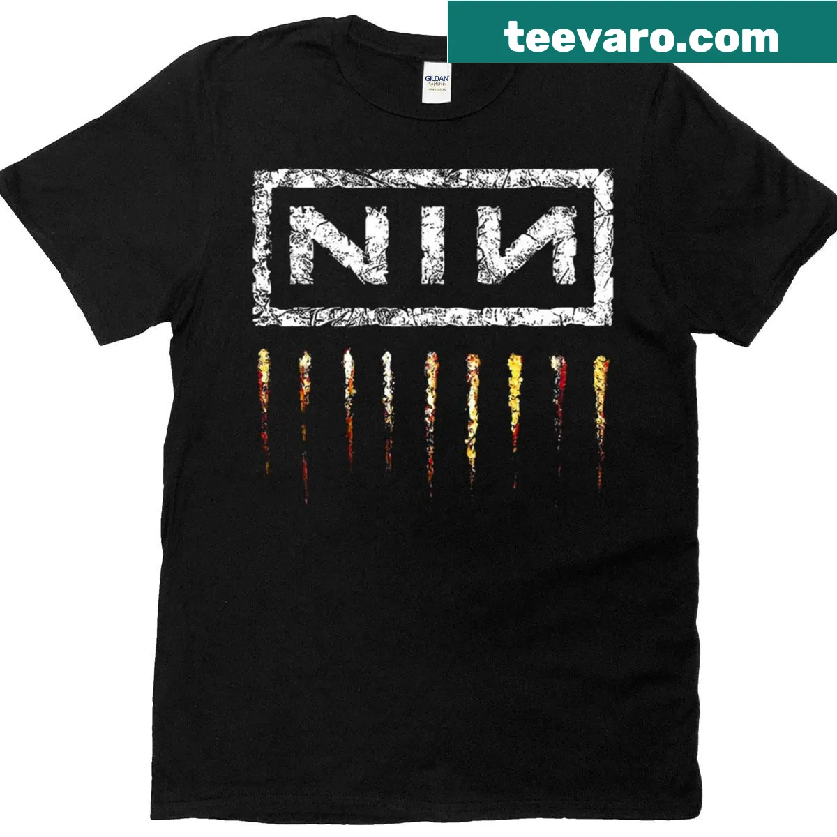 Dark red N-i-n band t-shirt featuring bold typography. — on a men's t-shirt