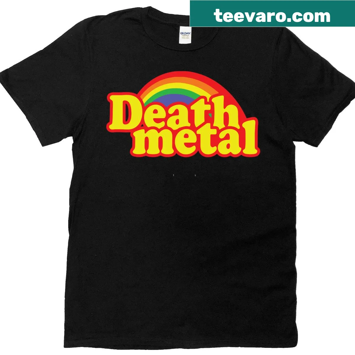 Funny Death Metal Parody T-shirt with playful graphics. — on a men's t-shirt