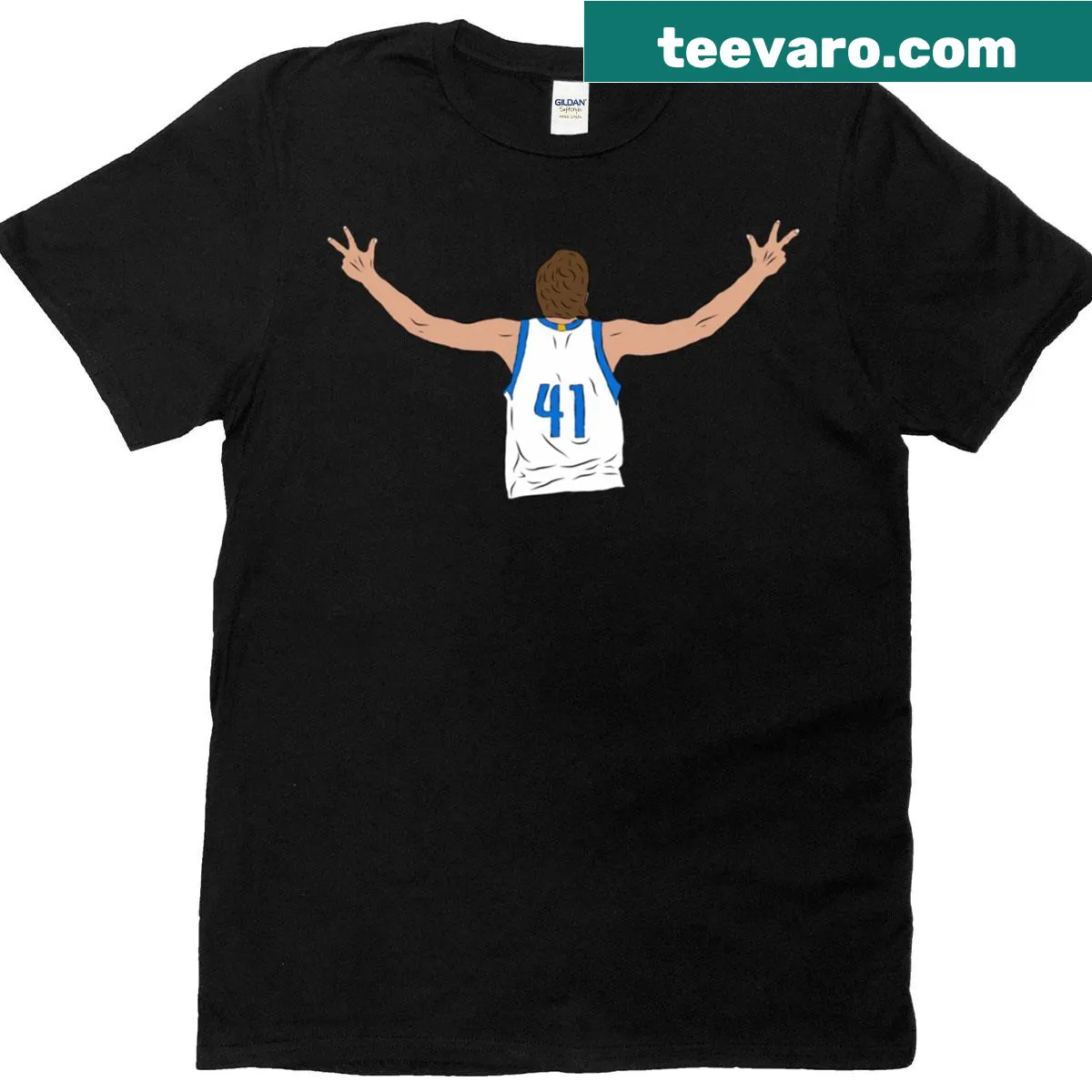 Graphic T-shirt celebrating Dirk Nowitzki's basketball career. — on a men's t-shirt