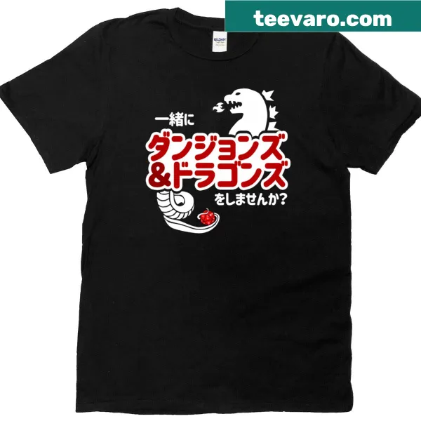 Playful cartoon t-shirt with a D&D invitation in Japanese and English