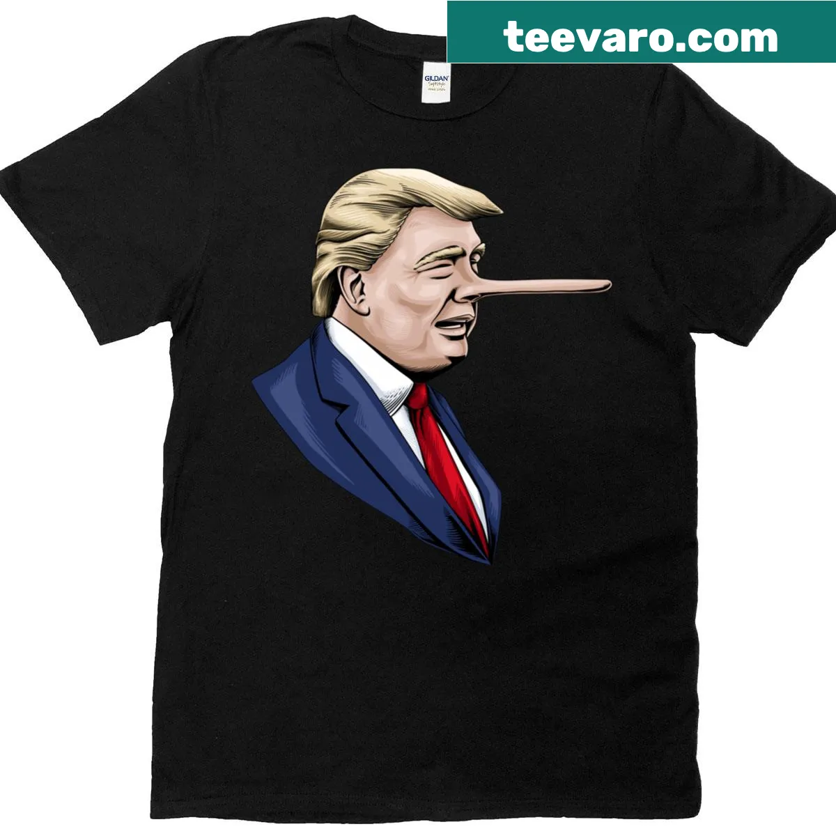Cartoon-style shirt with Pinocchio nose and text about Trump — on a men's t-shirt