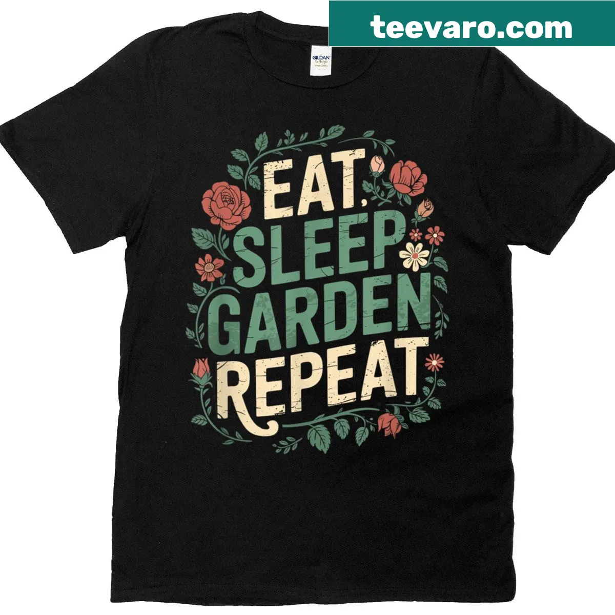 Gardening t-shirt with 'Eat Sleep Garden Repeat' text — on a men's t-shirt