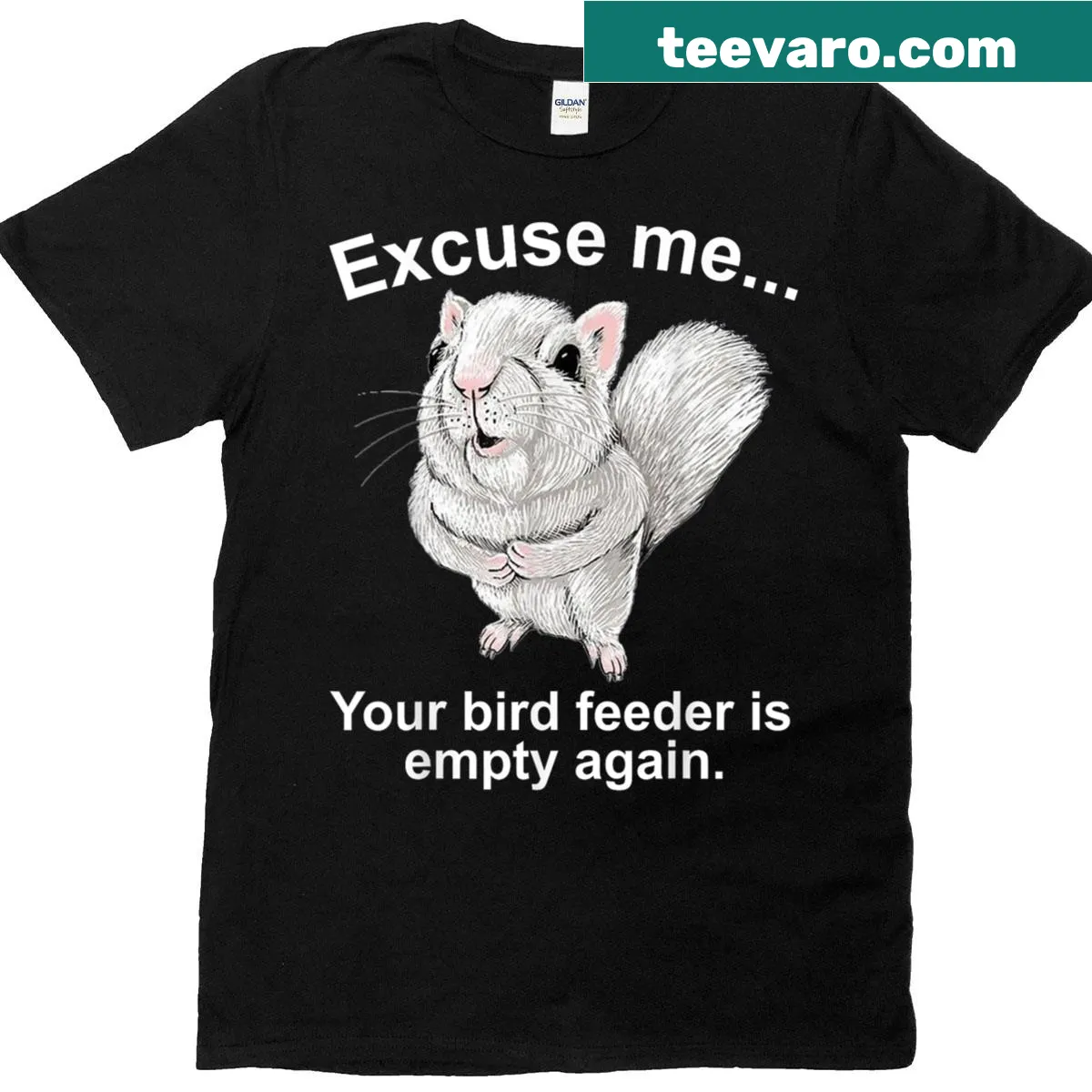 Funny squirrel t-shirt about an empty birdfeeder — on a men's t-shirt