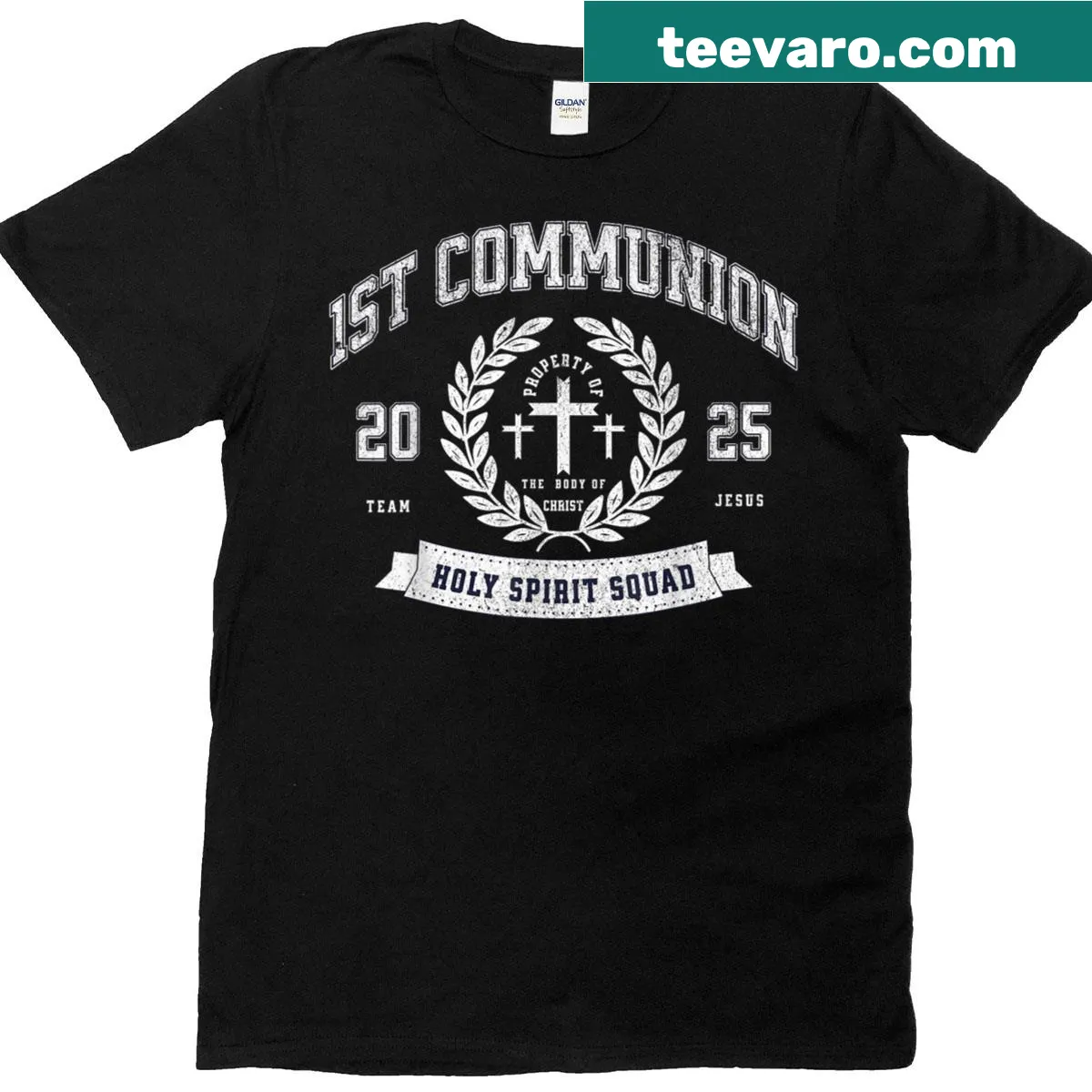 Funny First Communion t-shirt with Holy Spirit theme — on a men's t-shirt