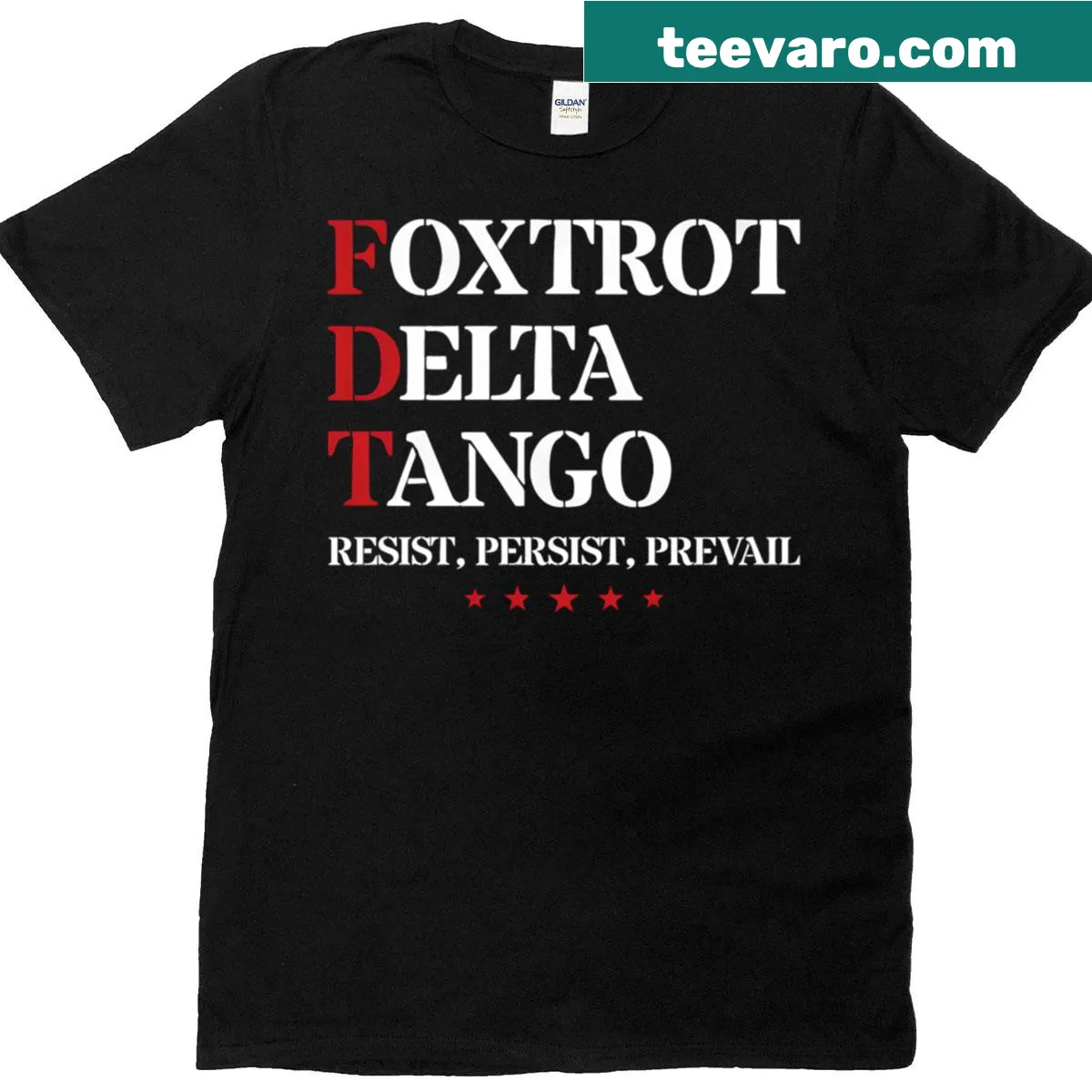 T-shirt with sleek typography of phonetic alphabet words Foxtrot, Delta, Tango. — on a men's t-shirt