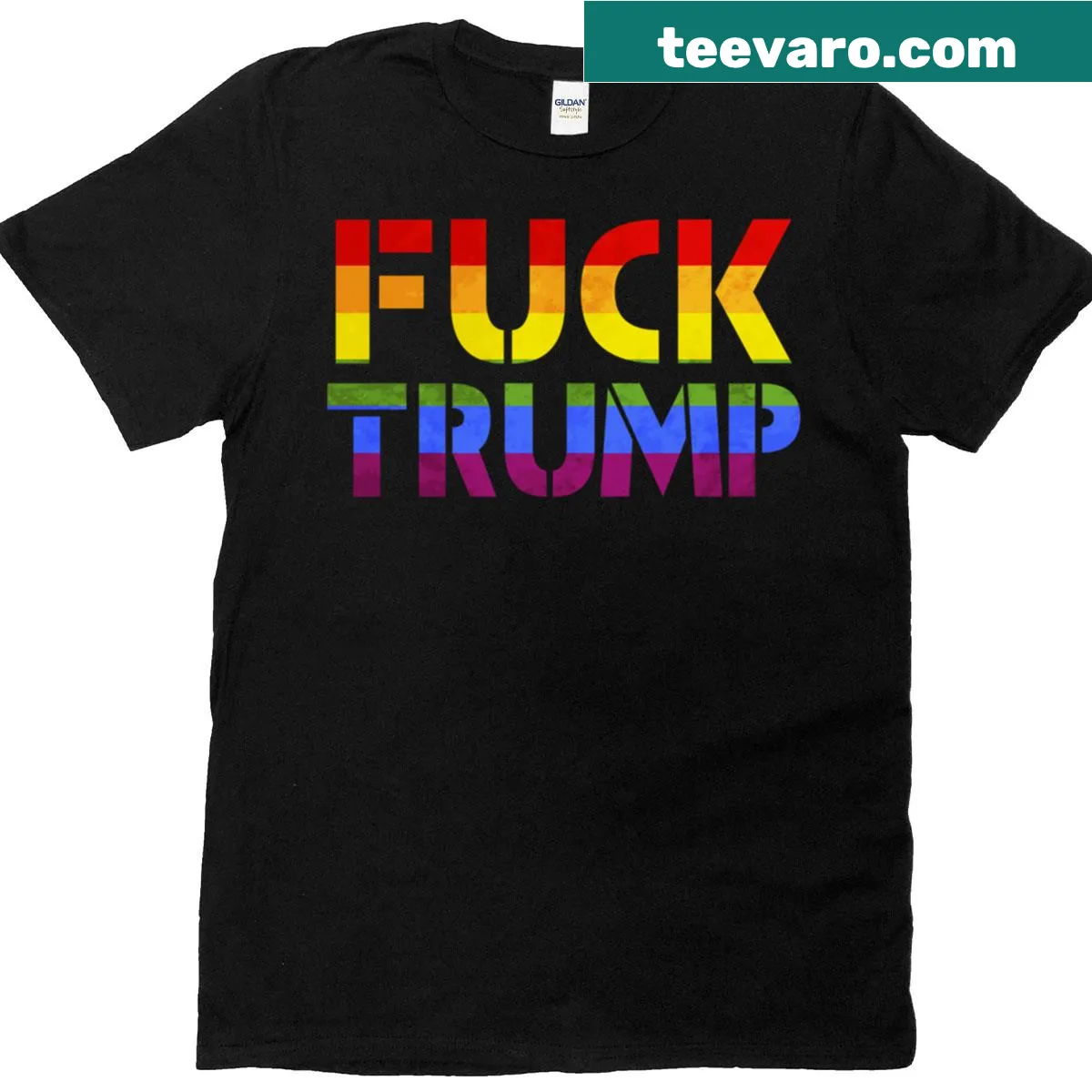Rainbow flag graphic with 'Fuck Trump' text for LGBTQ+ pride. — on a men's t-shirt