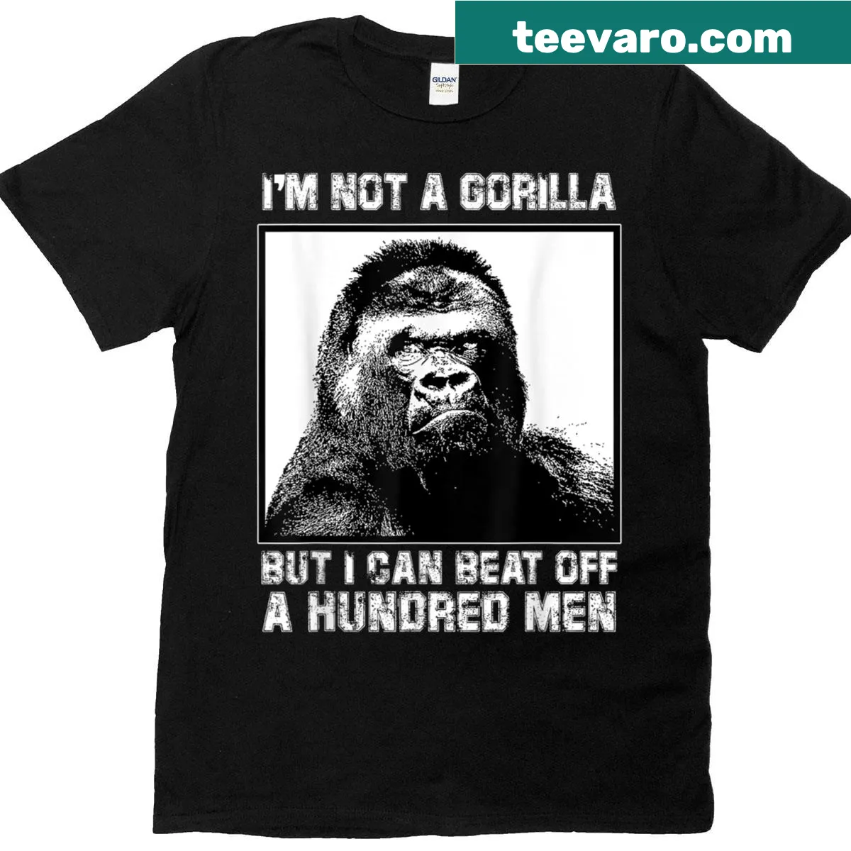 Funny graphic depicting '100 Men Vs One Gorilla' joke on a T-shirt. — on a men's t-shirt