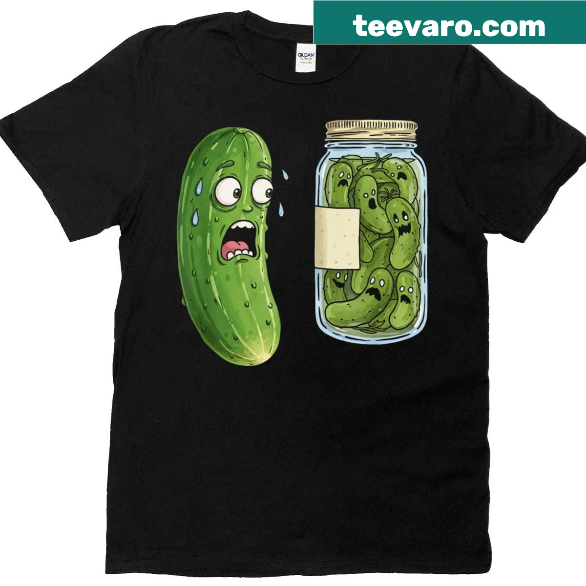 Cartoon design of a ghostly cucumber with smiling pickles for Halloween — on a men's t-shirt