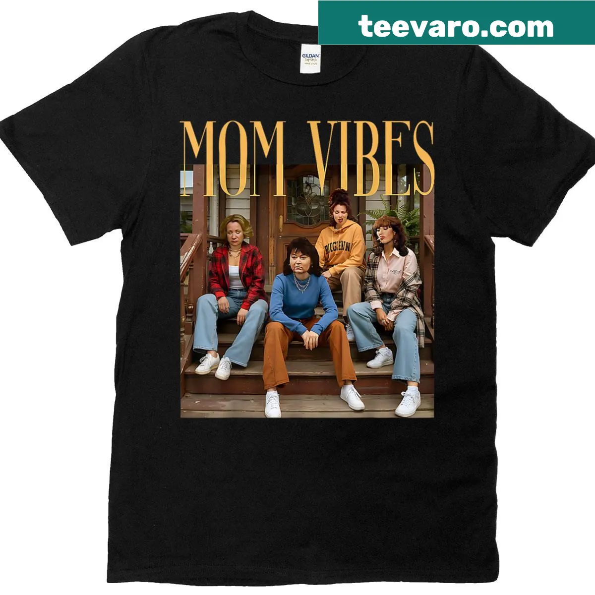 Text design reading 'Mom Vibes' in a retro style. — on a men's t-shirt