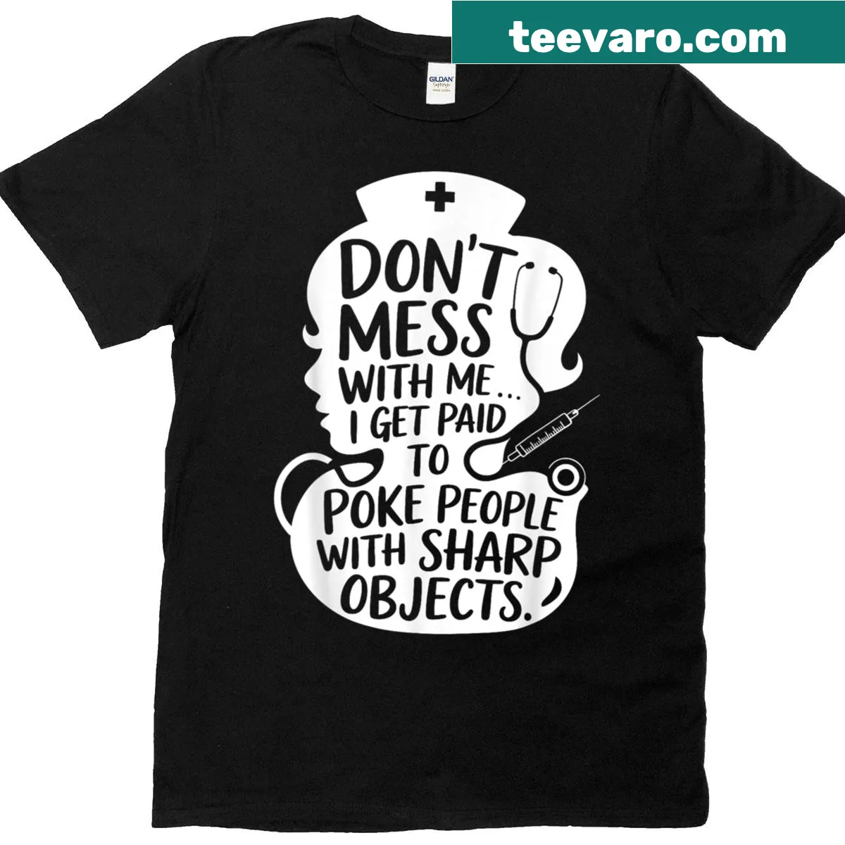 Funny nurse T-shirt with a quote about sharp objects. — on a men's t-shirt