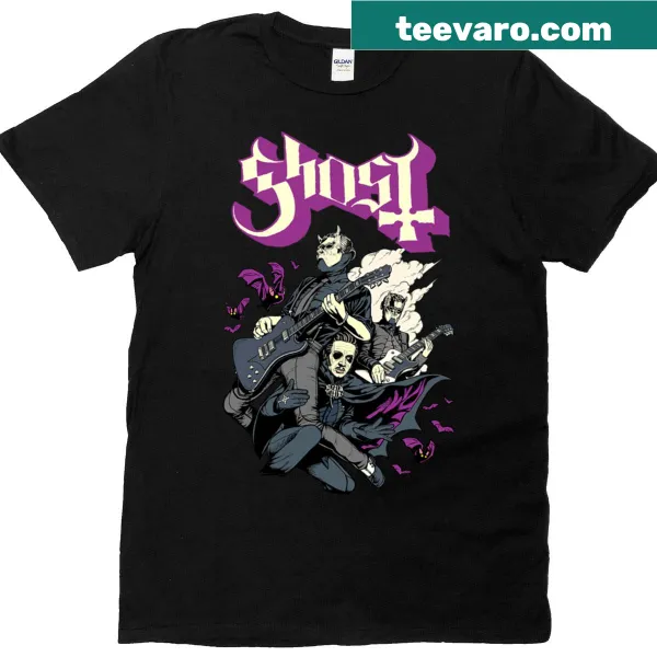 Whimsical t-shirt with bats and band design for music fans.