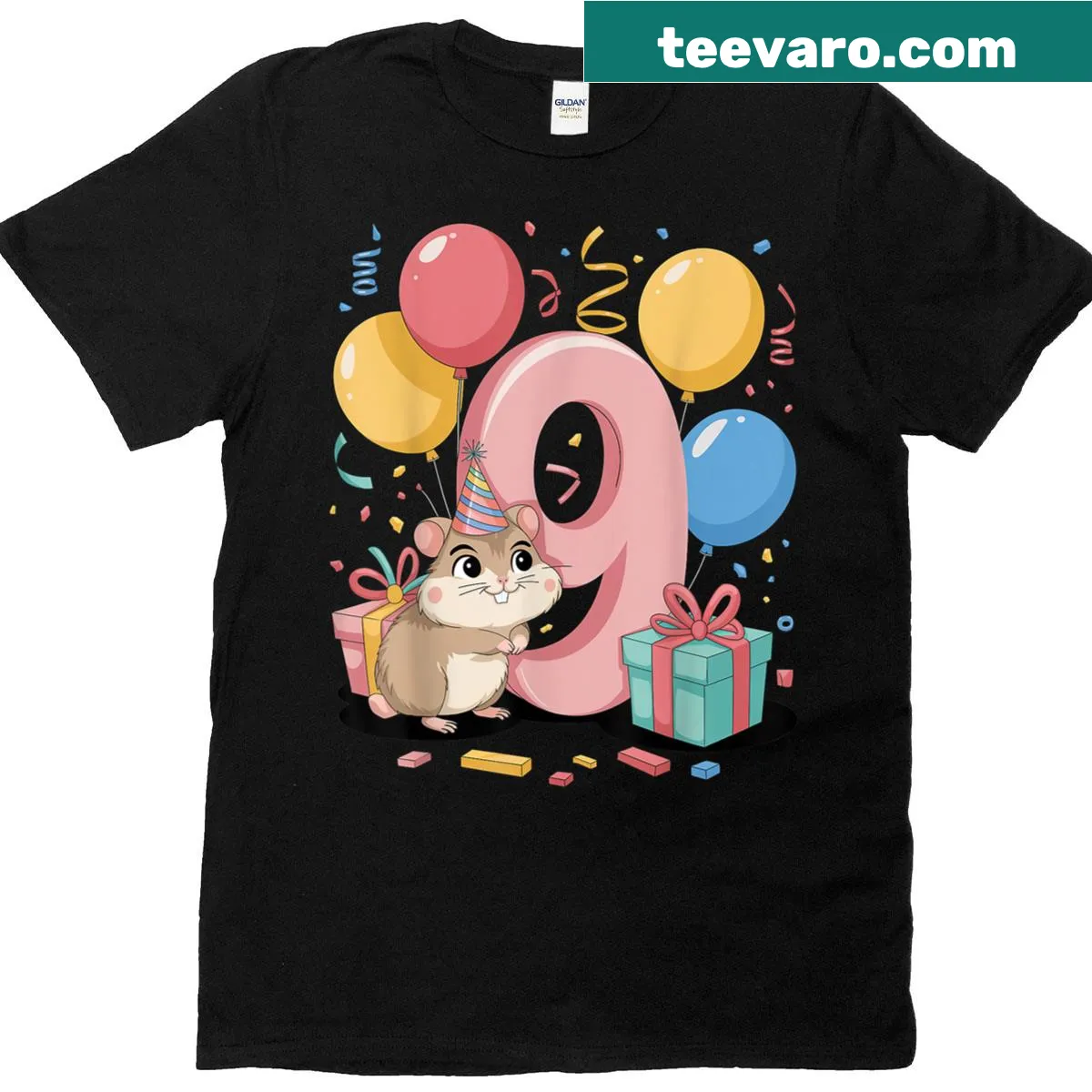 Cute cartoon hamster design T-shirt for a child's 9th birthday — on a men's t-shirt