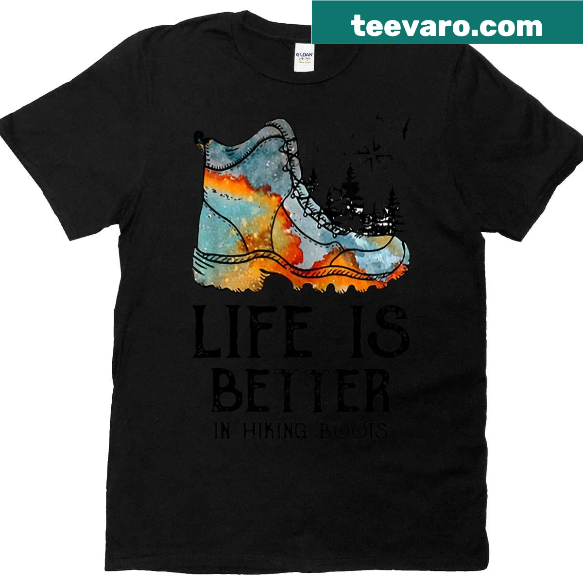 T-shirt featuring the phrase 'Life Is Better In Hiking Boots' in a fun font — on a men's t-shirt