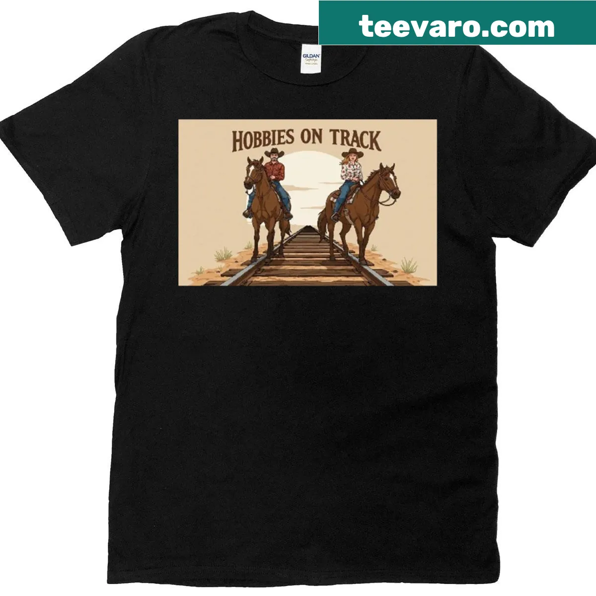 T-shirt with the phrase 'Hobbies On Track' and a horse graphic — on a men's t-shirt