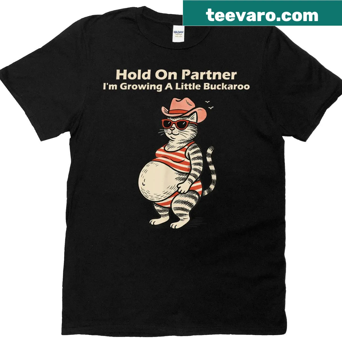 Illustrated pregnancy t-shirt with a buckaroo theme and playful design — on a men's t-shirt