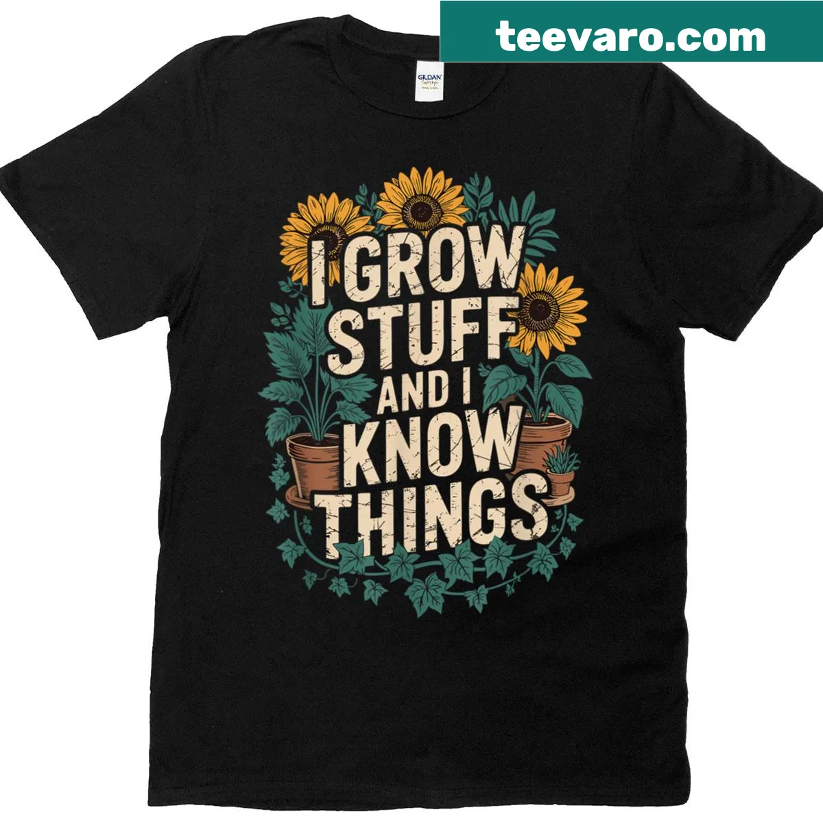Proud gardening t-shirt with a phrase about growing plants — on a men's t-shirt