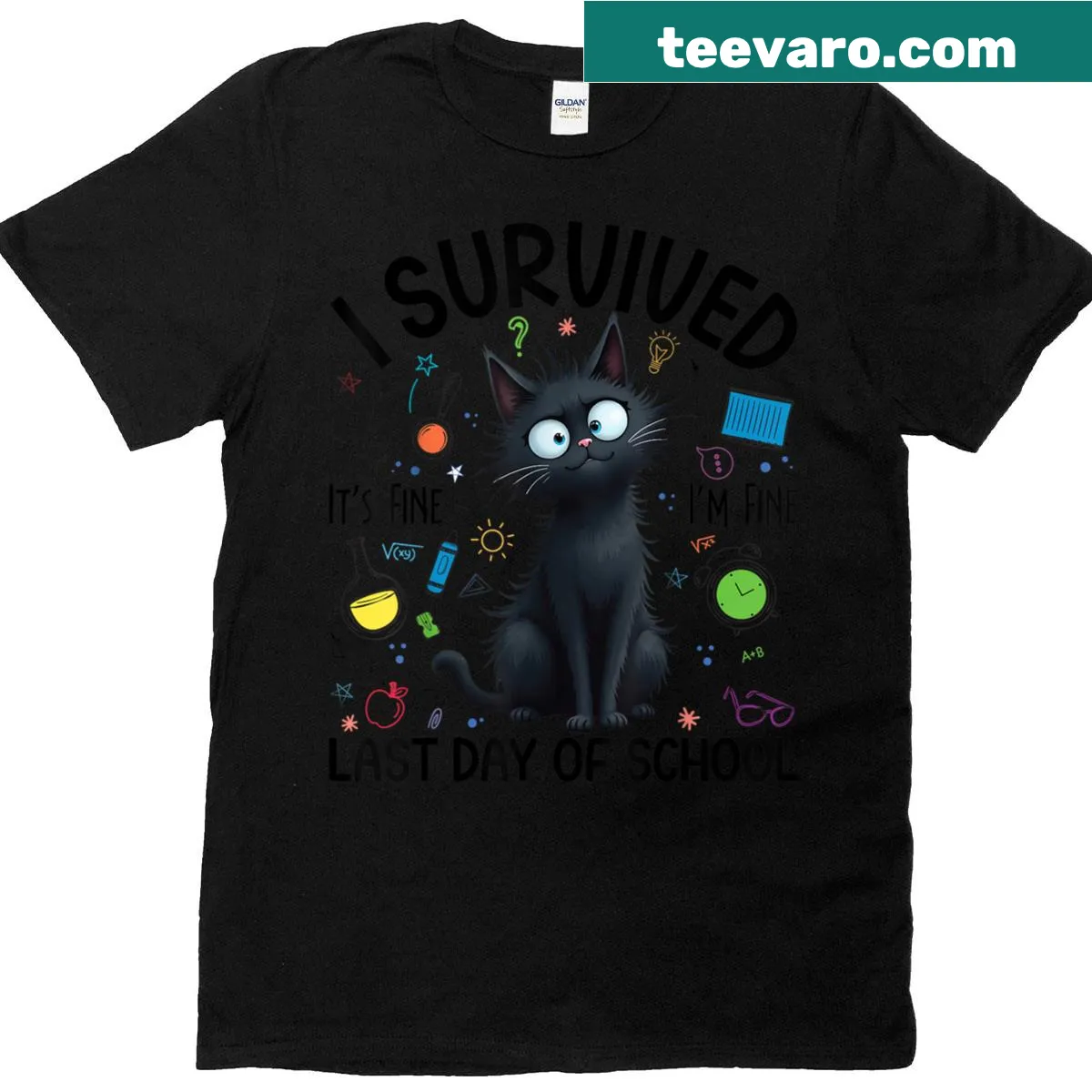 Funny teacher tee about surviving last day of school with a cat — on a men's t-shirt