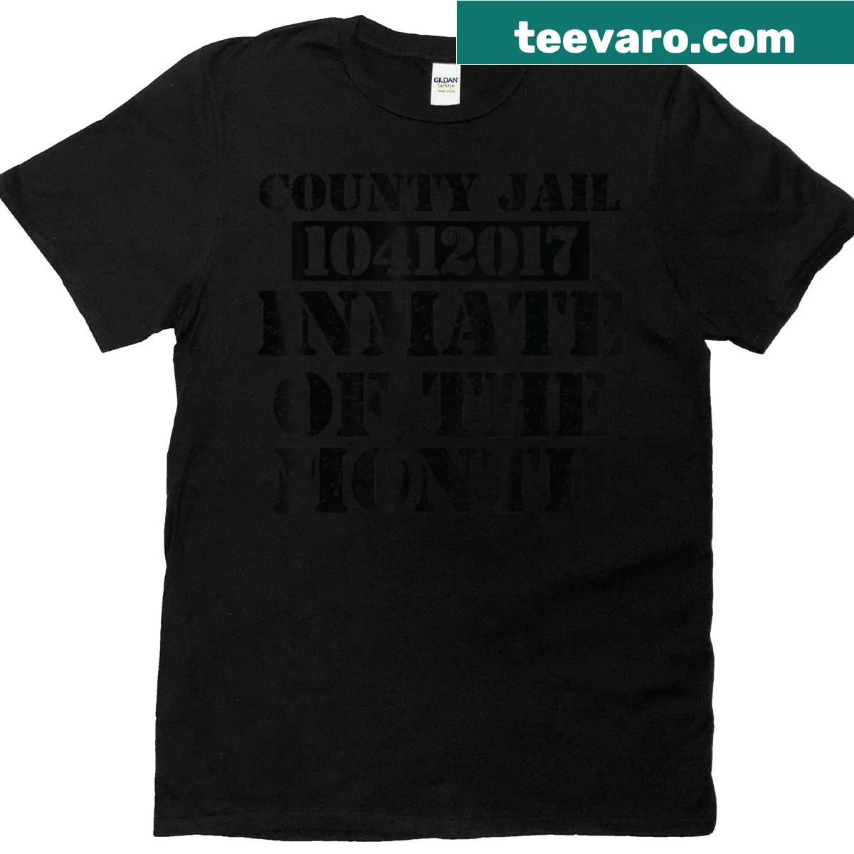 Halloween costume t-shirt featuring 'Inmate of the Month' text. — on a men's t-shirt