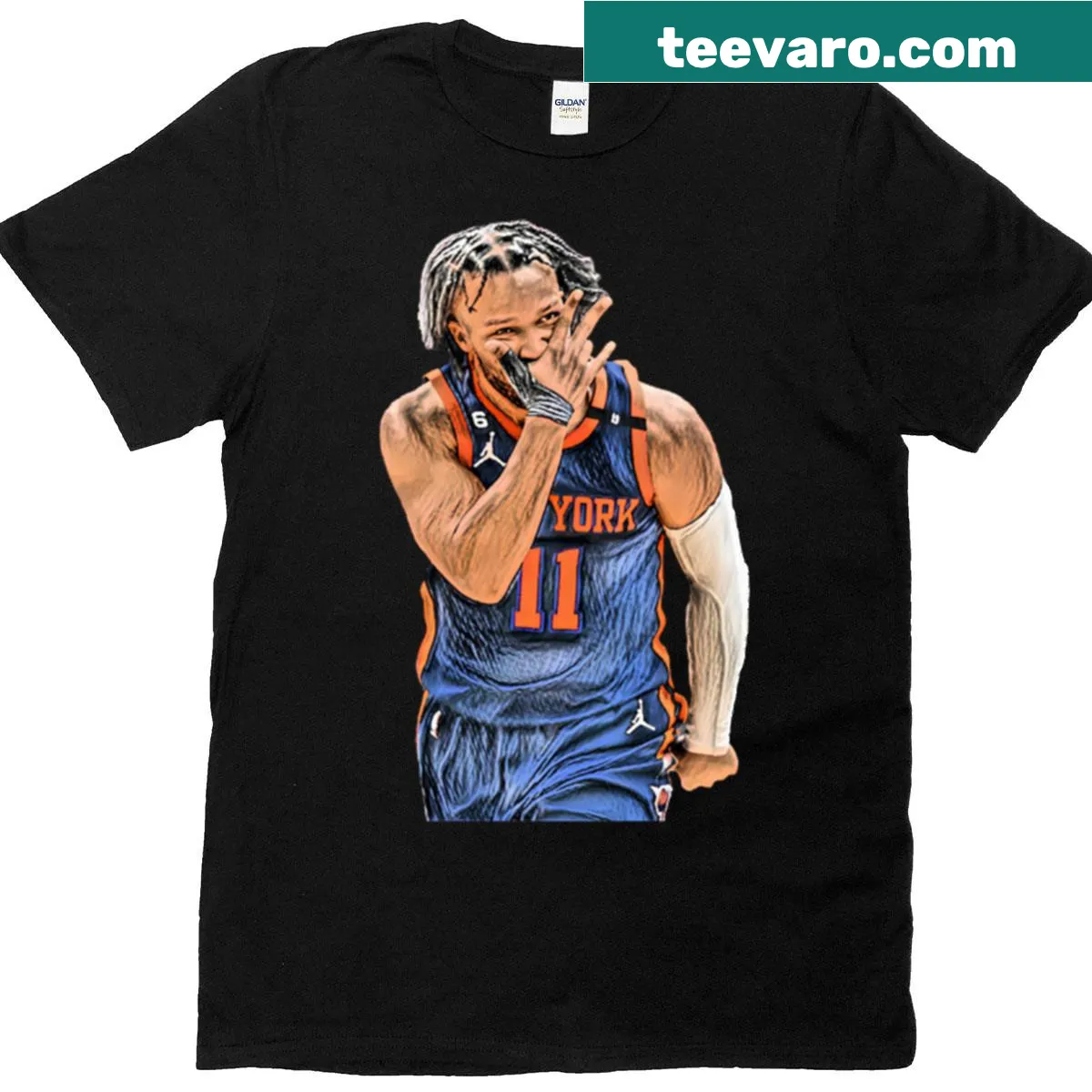 Jalen Brunson t-shirt with celebration graphic for Knicks fans. — on a men's t-shirt