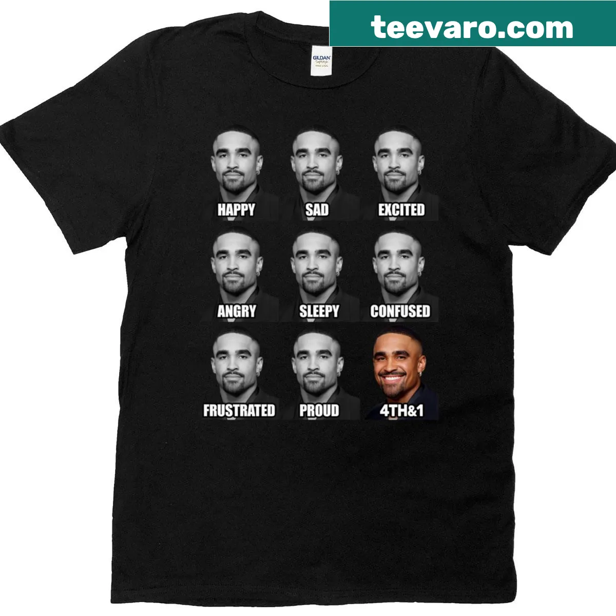 Funny meme graphic featuring Jalen Hurts on a t-shirt — on a men's t-shirt