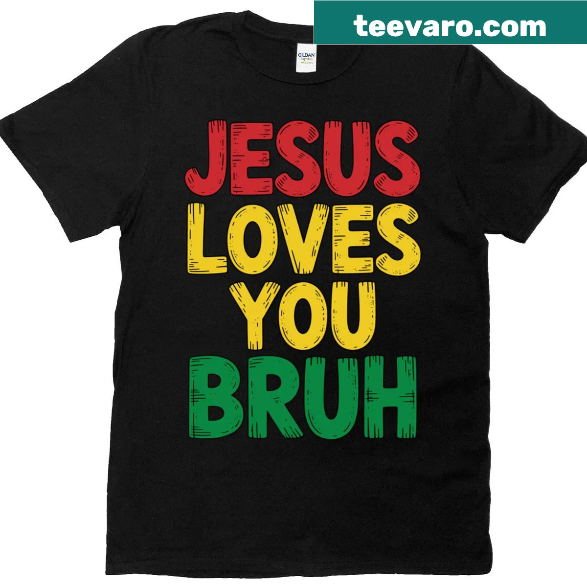 Inspirational t-shirt with the phrase 'Jesus Loves You Bruh' — on a men's t-shirt