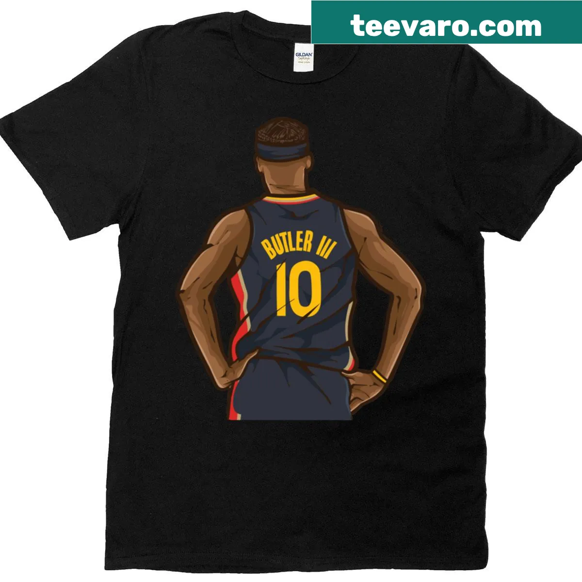 Cartoon-style T-shirt featuring Jimmy Butler III — on a men's t-shirt