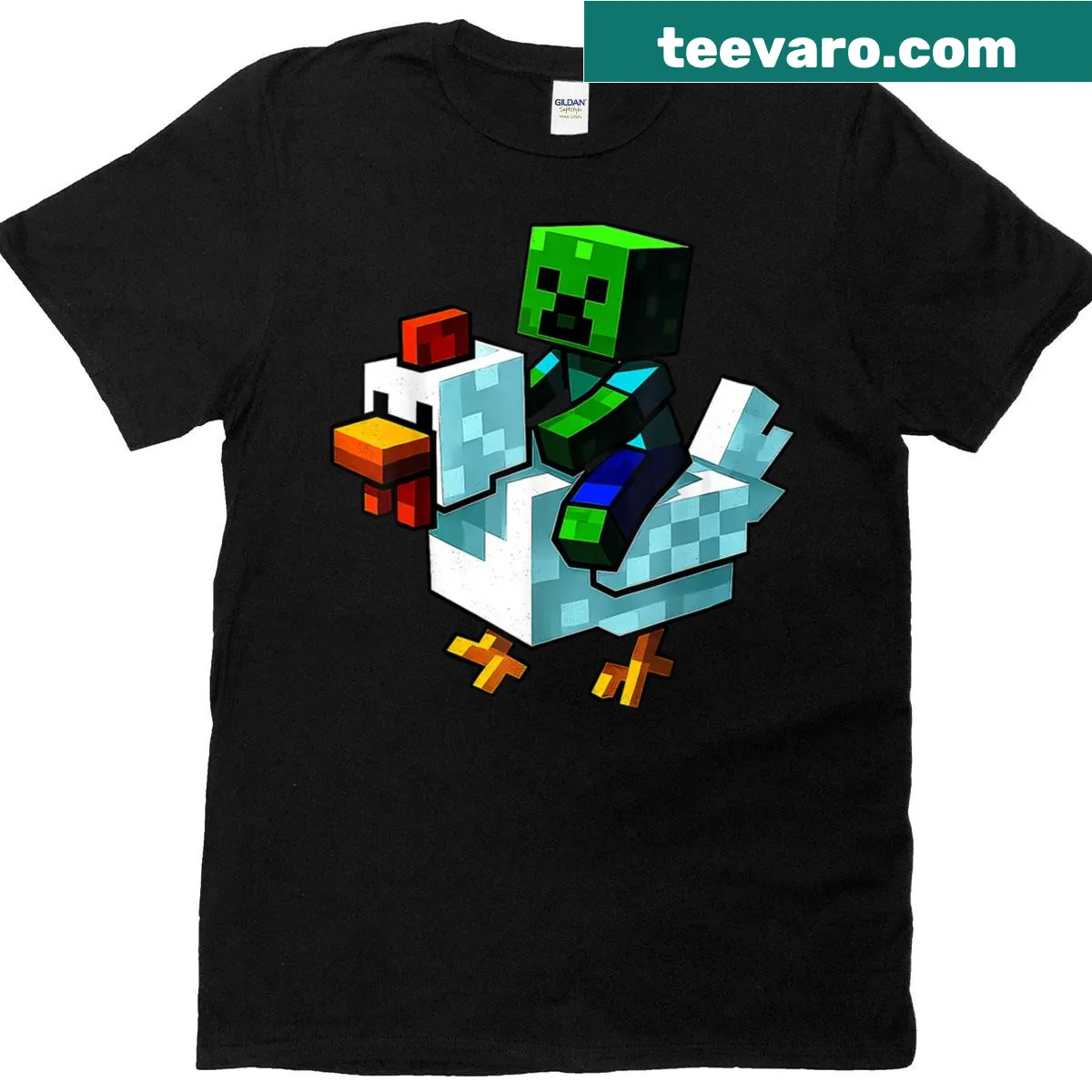 Pixel art t-shirt for kids featuring a funny chicken and zombie theme. — on a men's t-shirt