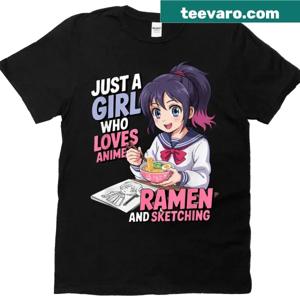 T-shirt featuring a design celebrating anime, ramen, and sketching