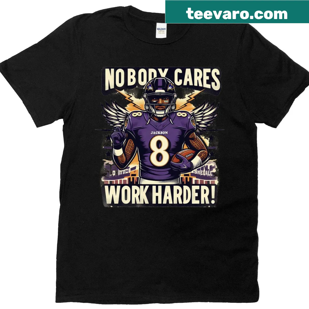 Edgy typography t-shirt with the phrase 'Nobody Cares Work Harder' — on a men's t-shirt