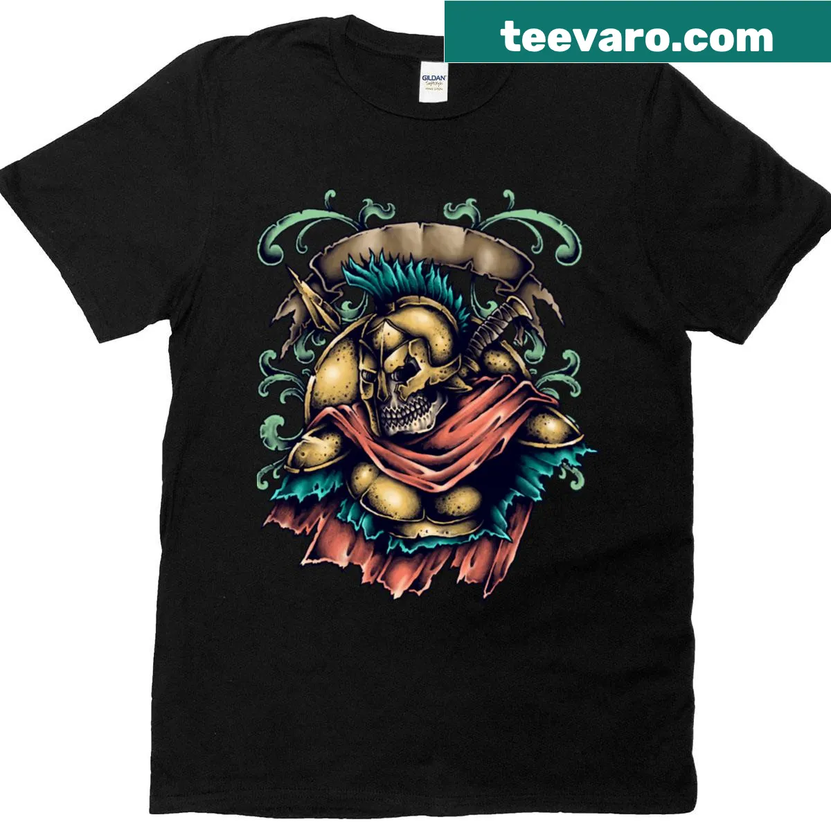Spartan skeleton T-shirt featuring a playful cartoon design — on a men's t-shirt