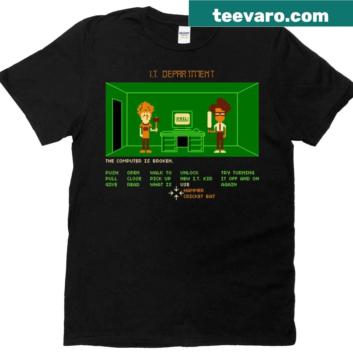 Humorous T-shirt for IT professionals with 'Maniac IT Department' text — on a men's t-shirt