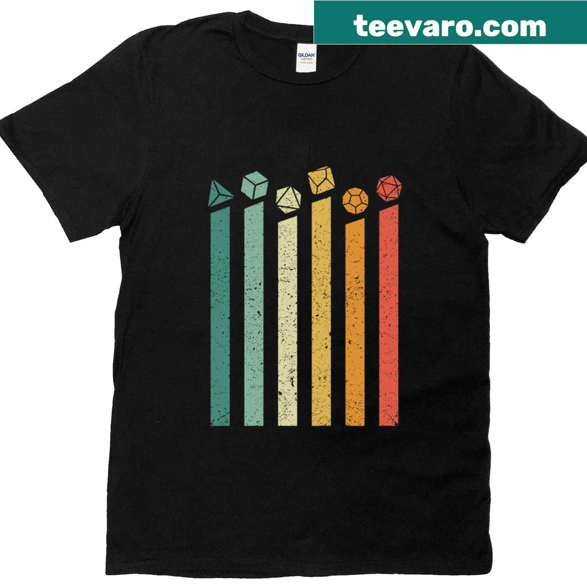 Vintage-style T-shirt featuring many-sided dice and D20 design — on a men's t-shirt
