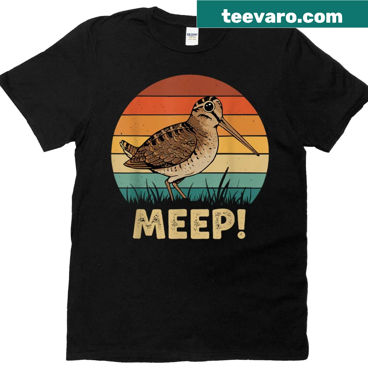 T-shirt featuring an illustration of a bird with 'Meep' text — on a men's t-shirt