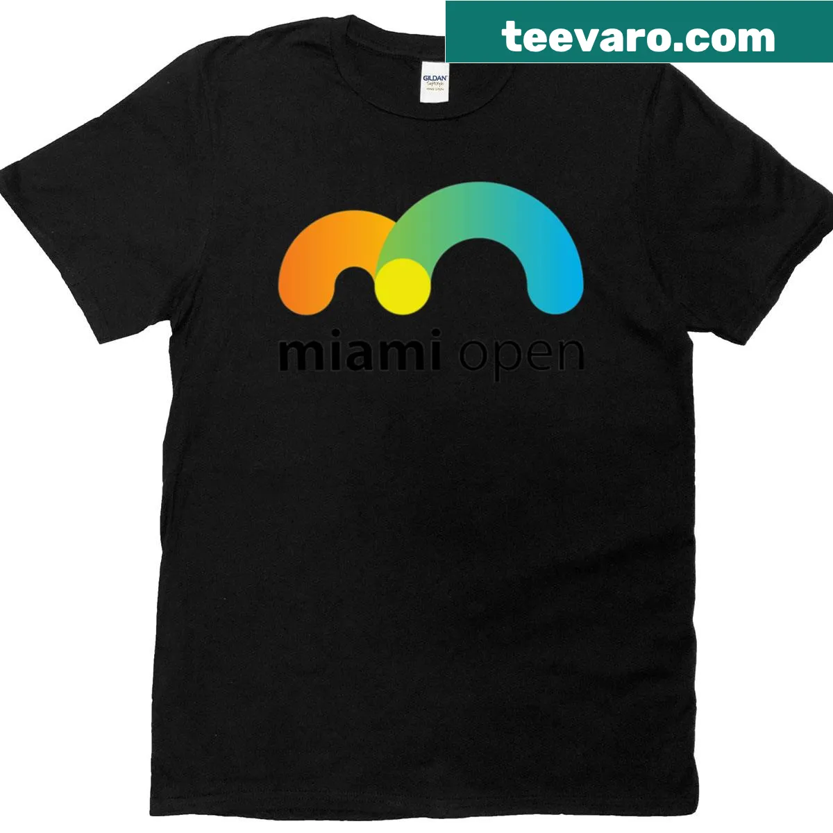 Miami Open t-shirt with dynamic tennis-themed illustration — on a men's t-shirt