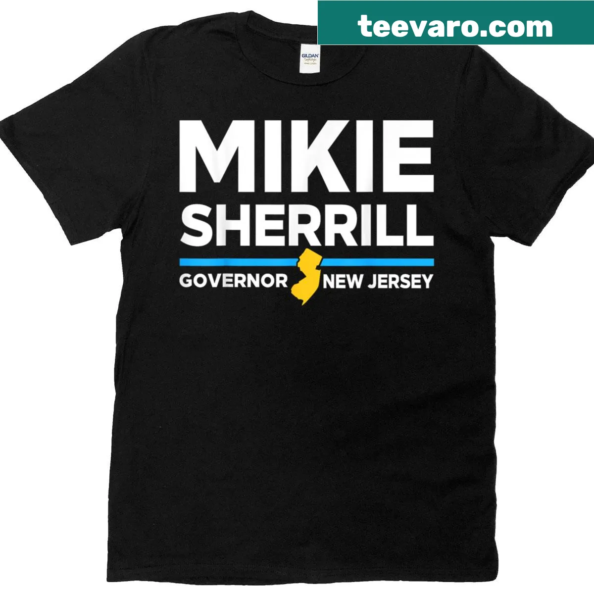 T-shirt supporting Mikie Sherrill for Governor of New Jersey with a bold design. — on a men's t-shirt