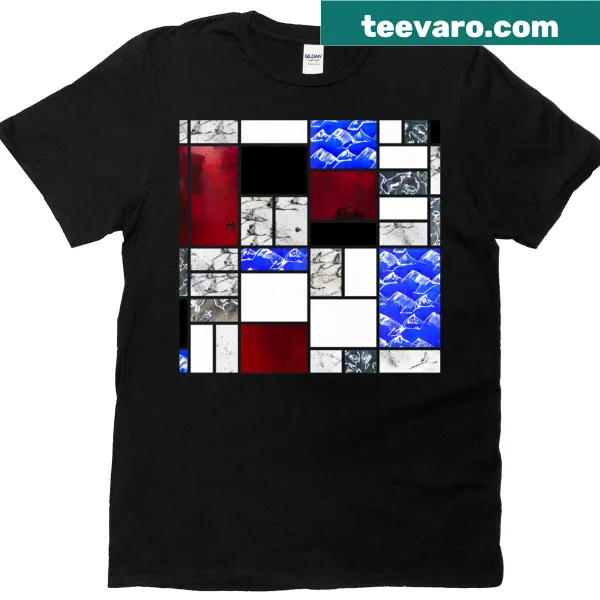 Minimalist geometric design inspired by Mondrian on a t-shirt