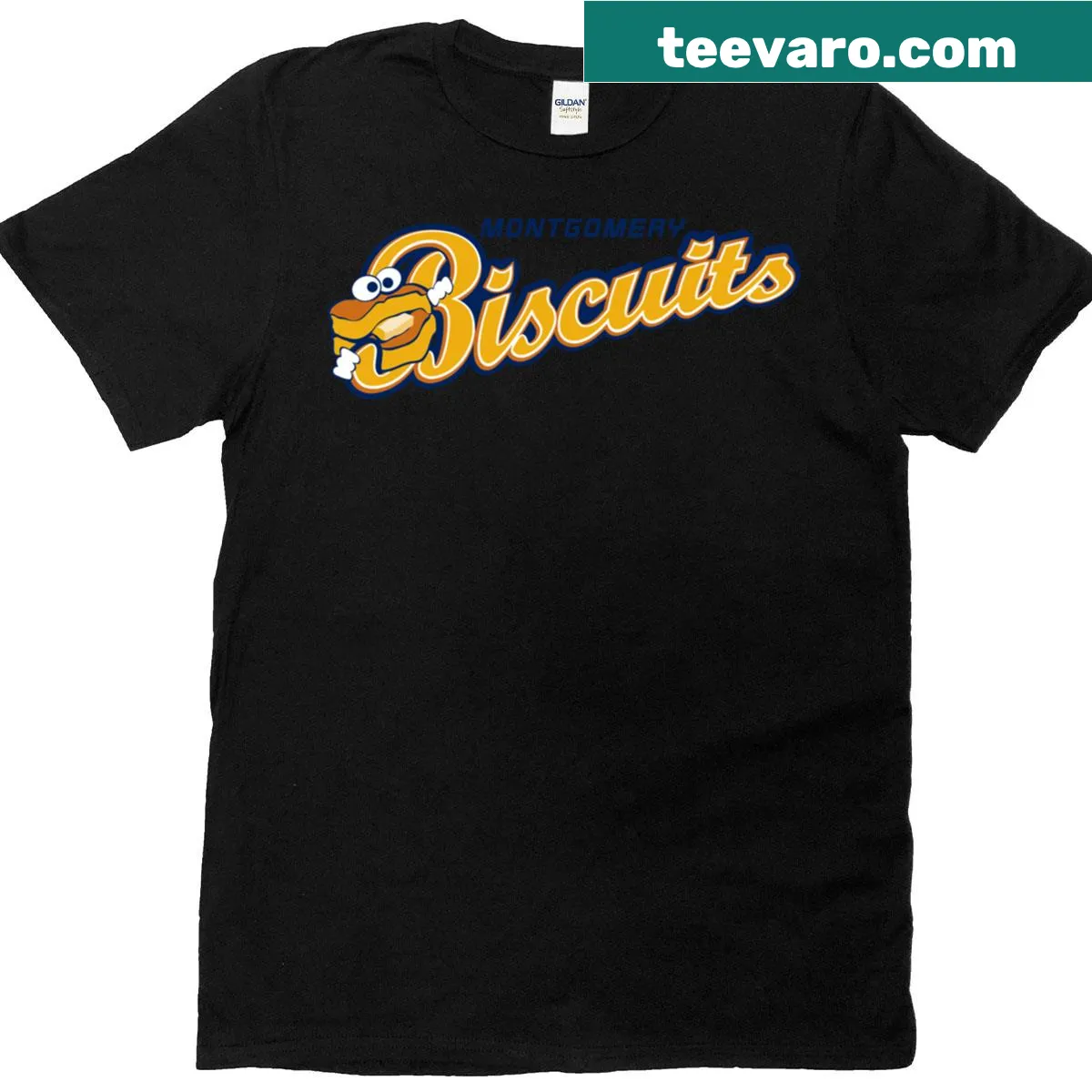 Vintage-style T-shirt featuring Montgomery Biscuits jersey design — on a men's t-shirt