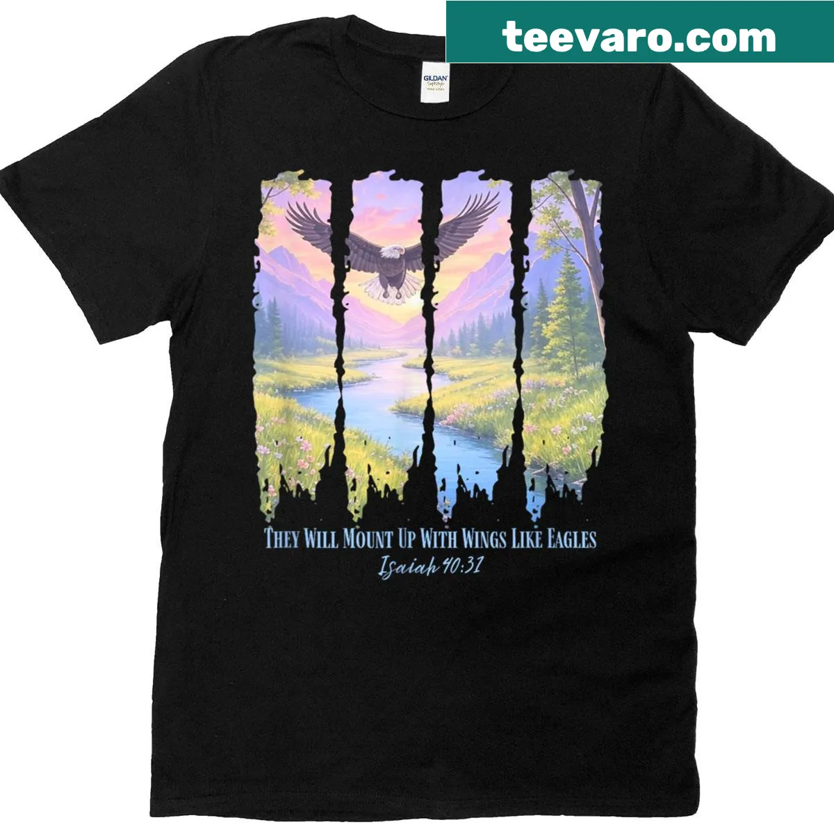 Watercolor design featuring eagles with Isaiah 40:31 text — on a men's t-shirt