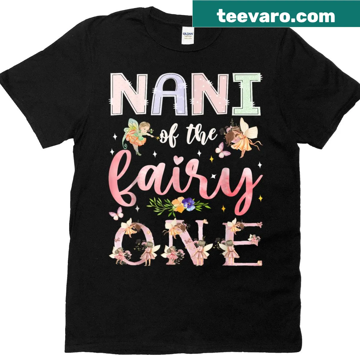 Fairy-themed illustration for a girl's 1st birthday shirt — on a men's t-shirt