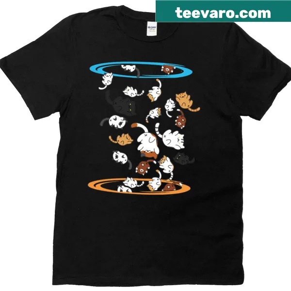 Whimsical t-shirt featuring cats and magical portals