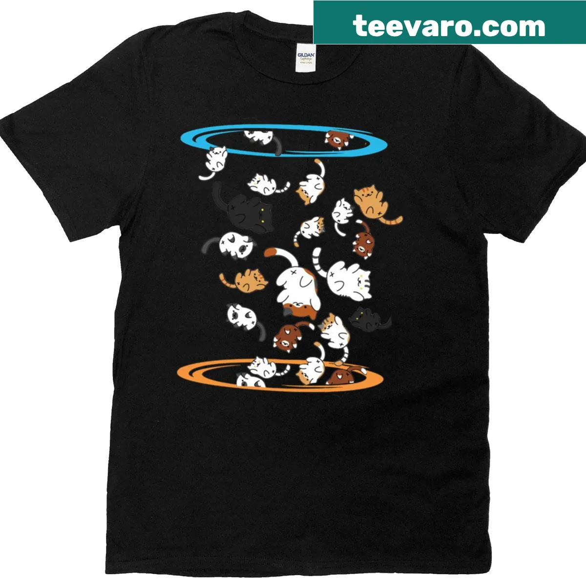 Whimsical t-shirt featuring cats and magical portals — on a men's t-shirt