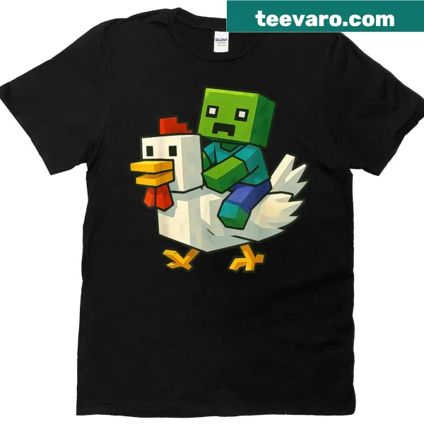 Funny pixel art T-shirt with zombie riding chicken