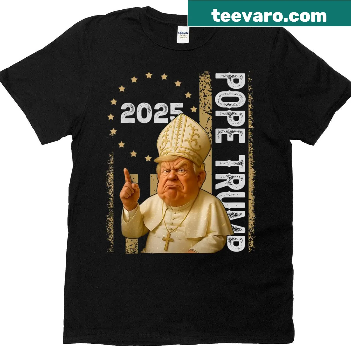 Funny T-shirt featuring President Trump in papal attire — on a men's t-shirt