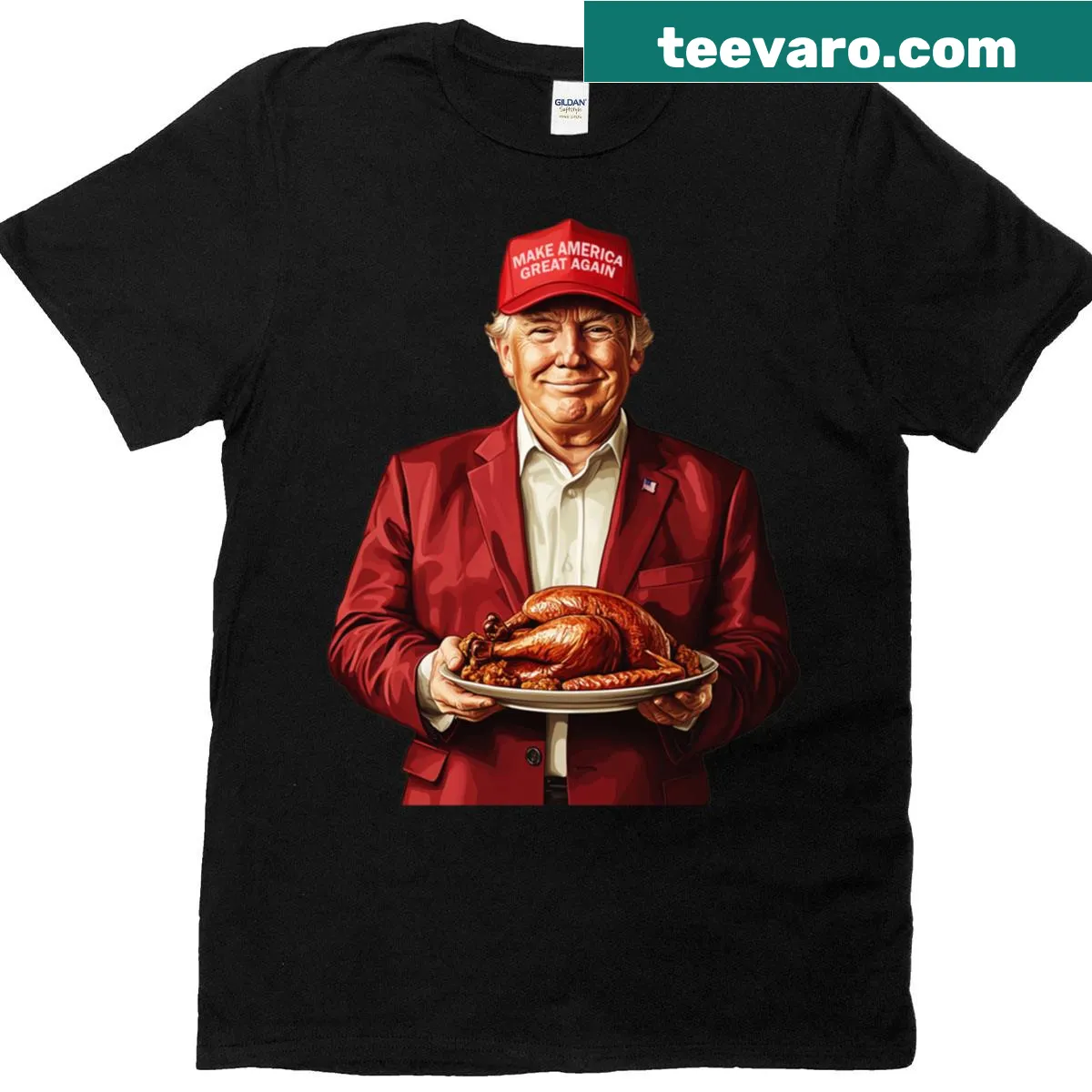Illustrated T-shirt of President Trump serving roasted turkey — on a men's t-shirt